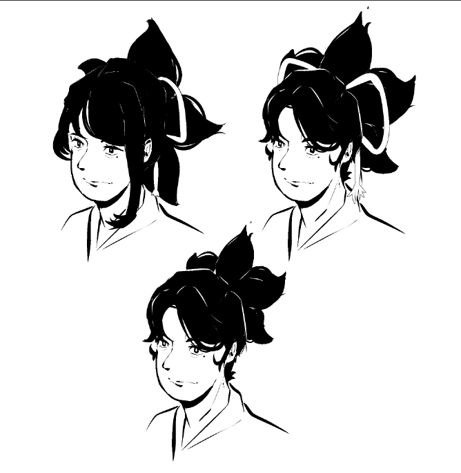 a black-and-white illustration. three busts of a man with varying hairstyles.