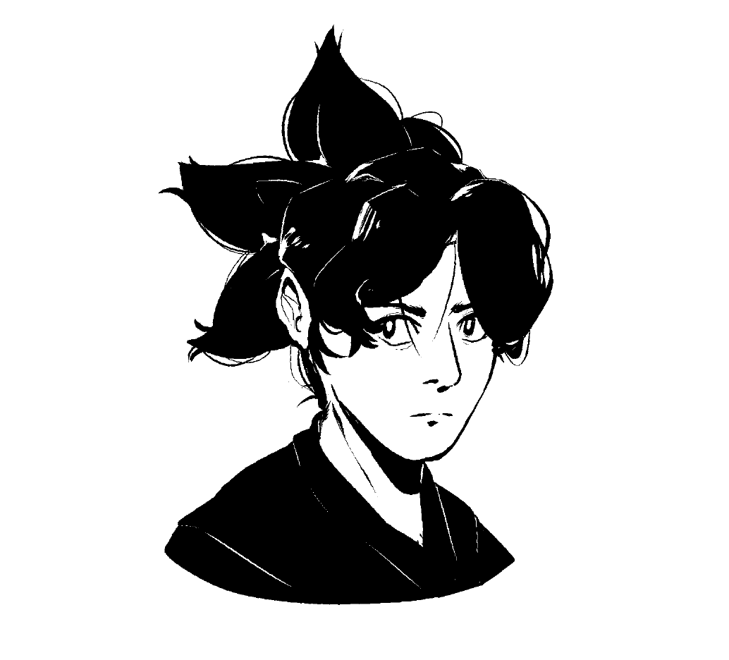 a black-and-white illustration. a bust of a man with a spiky ponytail.